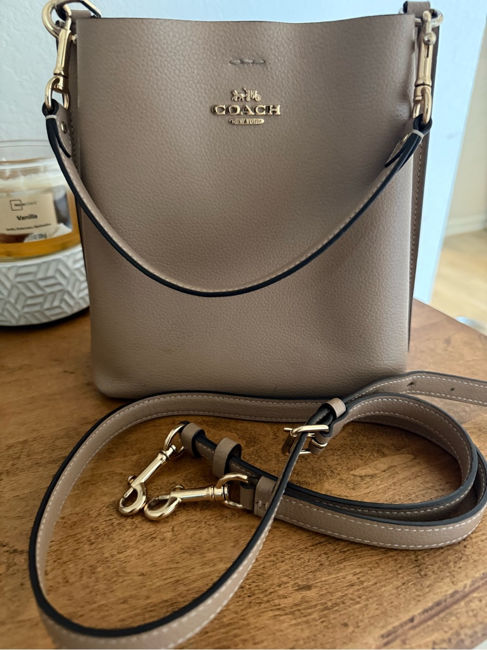 Coach Mollie 22 Taupe Pebbled Leather Shoulder Bag with Gold Hardware